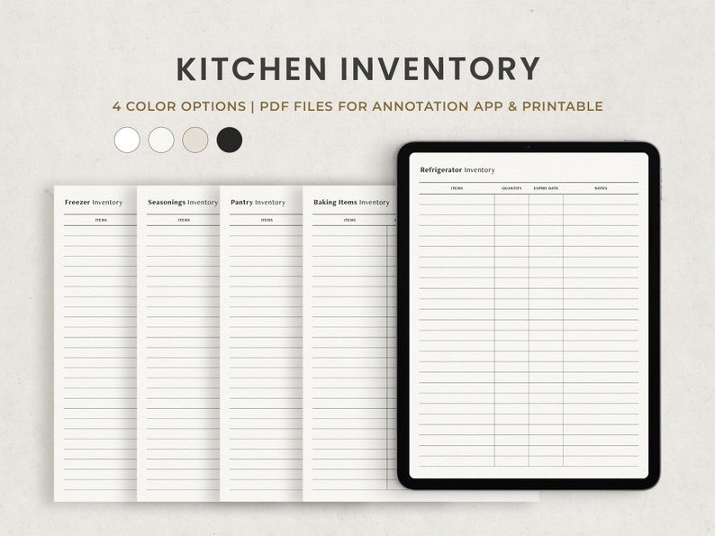 May include: Printable kitchen inventory list with four sections: Refrigerator, Freezer, Seasonings, Pantry, and Baking Items. Each section has columns for item, quantity, use-by date, and notes.