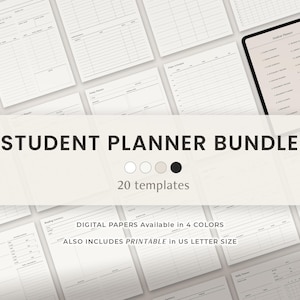 Op de afbeelding: Een studentenplannerbundel met 20 sjablonen. De afbeelding toont verschillende digitale papieren en een tablet met een stylus. Tekst op de afbeelding luidt "STUDENT PLANNER BUNDLE", "DIGITAL PAPERS Available in 4 COLORS" en "ALSO INCLUDES PRINTABLE in US LETTER SIZE".