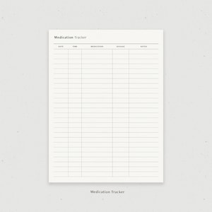 May include: A printable medication tracker with columns for date, time, medication, dosage, and notes.