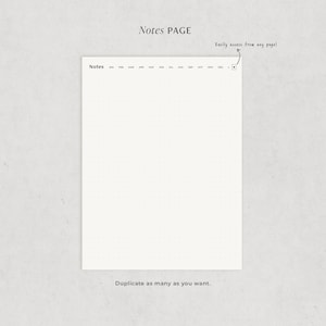 May include: A blank notes page with a calendar header showing the months of the year. The text "Notes PAGE" is at the top of the page. The text "Easily access from any page!" is written in a circle at the top right corner of the page. The text "Duplicate as many as you want." is at the bottom of the page.