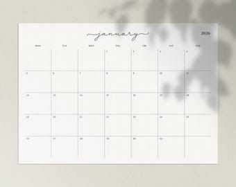Calendario mensual 2026, 2027, planificador minimalista, plantilla digital mensual imprimible y rellenable para Goodnotes iPad