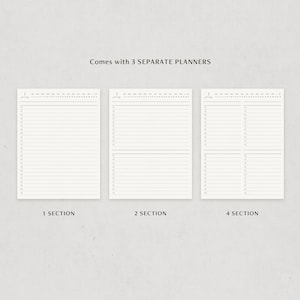 May include: Three separate planner pages with a simple design. The pages are labeled "1 Section", "2 Section", and "4 Section". Each page has a header that says "January" and a list of numbered boxes for writing tasks.