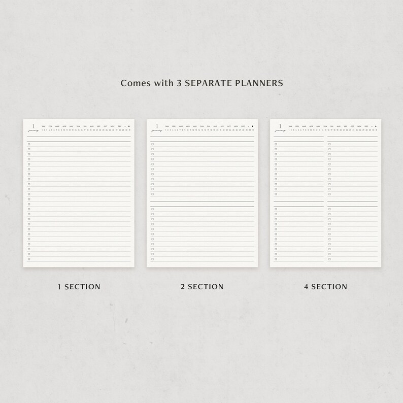 May include: Three separate planner pages with a simple design. The pages are labeled "1 Section", "2 Section", and "4 Section". Each page has a header that says "January" and a list of numbered boxes for writing tasks.