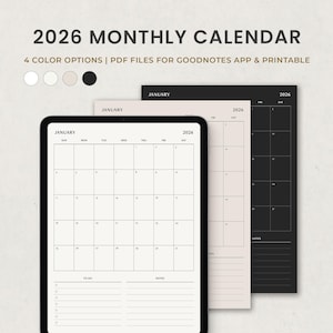 Calendario mensual 2026, plantilla digital minimalista de planificador mensual para Goodnotes, iPad y Notability (PDF)