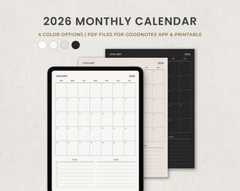 Calendario mensual 2026, plantilla digital minimalista de planificador mensual para Goodnotes, iPad y Notability (PDF)