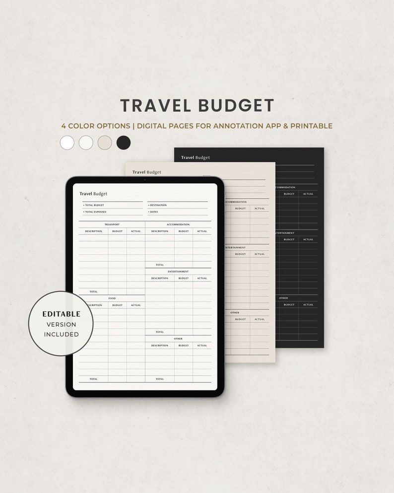 Planificateur de budget de voyage, modèle de budget de vacances, modèle numérique de suivi des dépenses de vacances pour Goodnotes Ipad, lettre modifiable imprimable PDF image 1