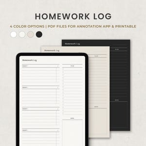 Könnte beinhalten: Eine digitale Planervorlage für Hausaufgaben, mit dem Titel "Homework Log" auf dem Bildschirm. Die Vorlage hat vier Abschnitte für Fächer, mit Platz für Notizen und Daten. Die Vorlage ist in vier Farboptionen verfügbar.