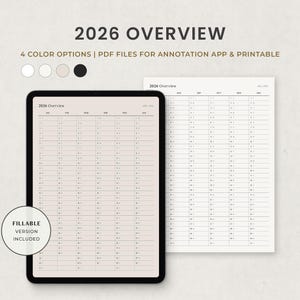 2026 Übersicht, Jahreskalender, Halbjahresplaner Digitale Vorlage für Goodnotes Ipad, druckbare PDF