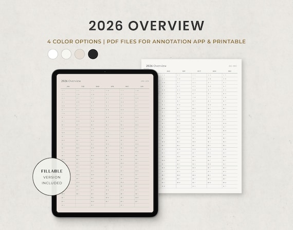 2026 Overview, Yearly Calendar, Half Year Planner Digital Template for Goodnotes Ipad, Printable PDF