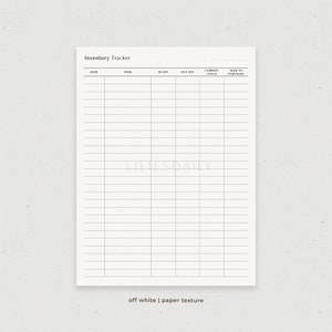 May include: A printable inventory tracker with columns for date, item, in quantity, out quantity, current stock, and need to purchase. The tracker is on a white background with a subtle paper texture.