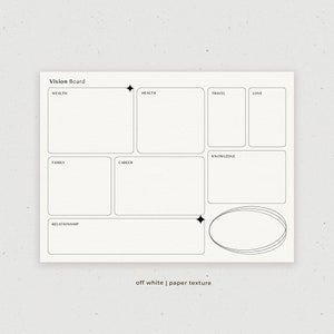 May include: A printable vision board template with categories for wealth, health, travel, love, knowledge, family, career, and relationships. The template has a simple, minimalist design with black lines and a black star shape in the top left corner.