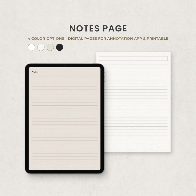 May include: A digital notes page template with lined paper in a beige color. The template is displayed on a tablet screen. The text "Notes" is at the top of the page. The template is also available in white, light gray, and black.