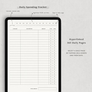 Może przedstawiać: Cyfrowy tracker codziennych wydatk&oacute;w na ekranie tabletu. Tracker zawiera kalendarz z hiperłączami do miesięcy i dat, kolumnę kategorii, kolumnę opisu, kolumnę kwoty i kolumnę got&oacute;wki lub karty. Tekst "Hyperlinked 365 Daily Pages" jest wyświetlany po prawej stronie obrazu.