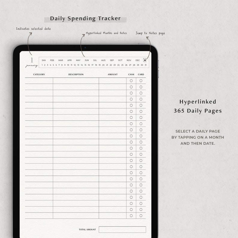 Może przedstawiać: Cyfrowy tracker codziennych wydatk&oacute;w na ekranie tabletu. Tracker zawiera kalendarz z hiperłączami do miesięcy i dat, kolumnę kategorii, kolumnę opisu, kolumnę kwoty i kolumnę got&oacute;wki lub karty. Tekst "Hyperlinked 365 Daily Pages" jest wyświetlany po prawej stronie obrazu.