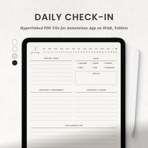 Op de afbeelding: Een digitale planner op een tabletscherm met een kalender, een sectie voor dagelijkse reflecties en een sectie voor dankbaarheid. De planner is ontworpen voor gebruik met een annotatie-app op een iPad of tablet.