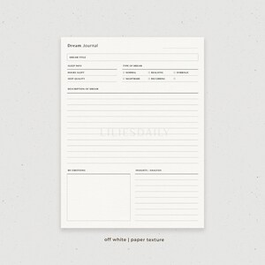 May include: A printable dream journal page with sections for dream title, sleep info, type of dream, description of dream, my emotions, and insights/analysis. The page has a white background with black text and lines.