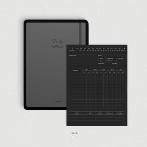 May include: A black and white digital planner template for daily workouts. The template includes a calendar, space to track exercises, sets, reps, weight, and a section for cardio, time, distance, heart rate, and calories.