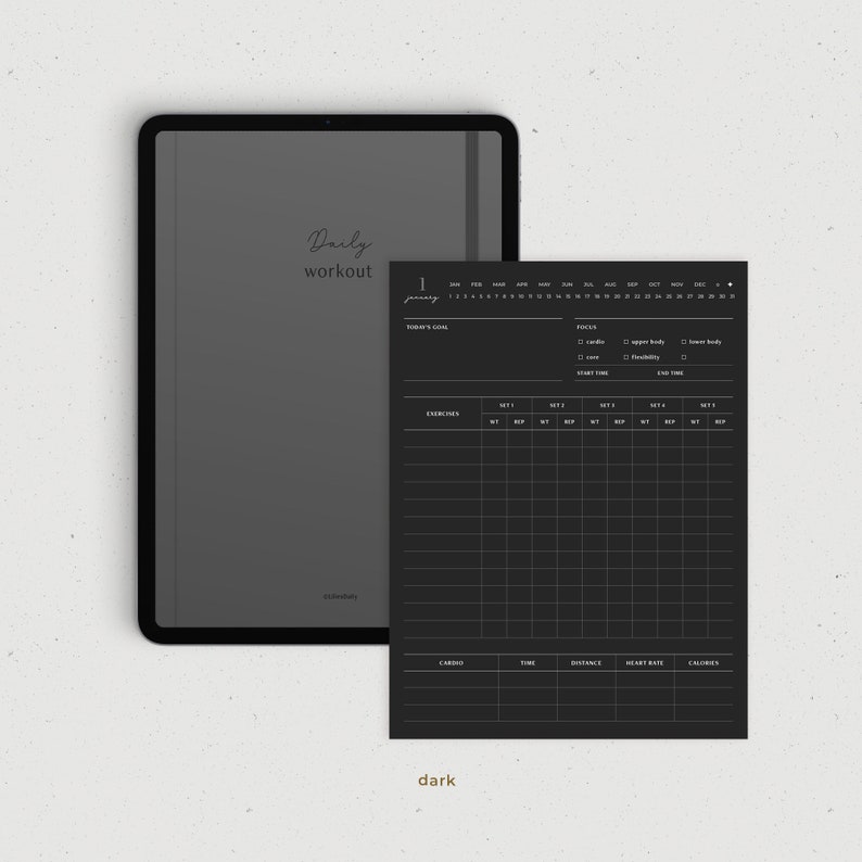 May include: A black and white digital planner template for daily workouts. The template includes a calendar, space to track exercises, sets, reps, weight, and a section for cardio, time, distance, heart rate, and calories.
