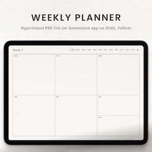 May include: A weekly planner on a tablet screen with a white background. The planner is divided into seven columns, one for each day of the week. The top row of the planner shows the months of the year, starting with January and ending with December. The planner is labeled "Week 1".