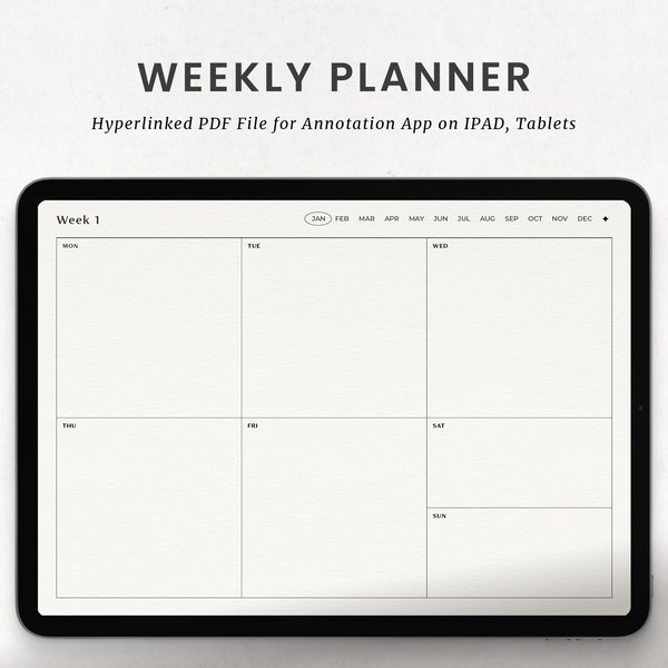 Simple Weekly Planner, Undated Monthly and Weekly Digital Planner Template for Goodnotes on Ipad, Android Planner