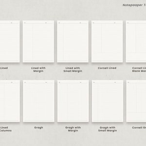 May include: A collection of notepad templates with various layouts, including lined, margin, Cornell, and graph paper styles. The templates are displayed on a light background, with the text "Notepaaper Templates" at the top.
