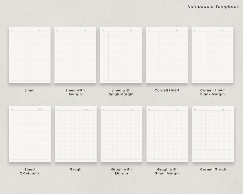 May include: A collection of notepad templates with various layouts, including lined, margin, Cornell, and graph paper styles. The templates are displayed on a light background, with the text "Notepaaper Templates" at the top.