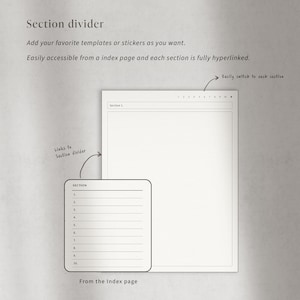 May include: A black and white illustration of a notebook with a section divider. The divider is labeled "Section 1" and has a numbered grid. The notebook has a section for links to the section divider. The notebook is labeled "SECTION" and has numbered lines for notes. The text "From the Index page" is below the notebook. The text "Easily switch to each section" is above the notebook.