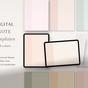 Papel de notas digitales, plantilla para tomar notas, notas horizontales de retratos de gráficos de Cornell de colores para Goodnotes en Ipad, páginas PDF digitales