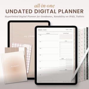 Puede incluir: Un planificador digital en la pantalla de una tableta con un diseño semanal. El planificador no está fechado e incluye secciones para objetivos, lista de tareas, hábitos y notas. El planificador está diseñado para su uso con las aplicaciones Goodnotes y Notability en iPad y tabletas.