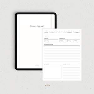 May include: A black and white printable dream journal page with sections for dream title, sleep info, type of dream, description of dream, my emotions, and insights and analysis. The page includes a calendar for the year.