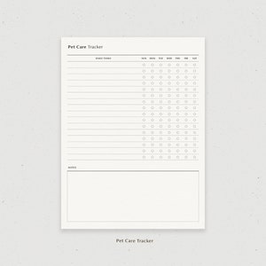 May include: A printable pet care tracker with a daily tasks section and a notes section. The daily tasks section has a checklist for each day of the week. The notes section is a blank space for writing.
