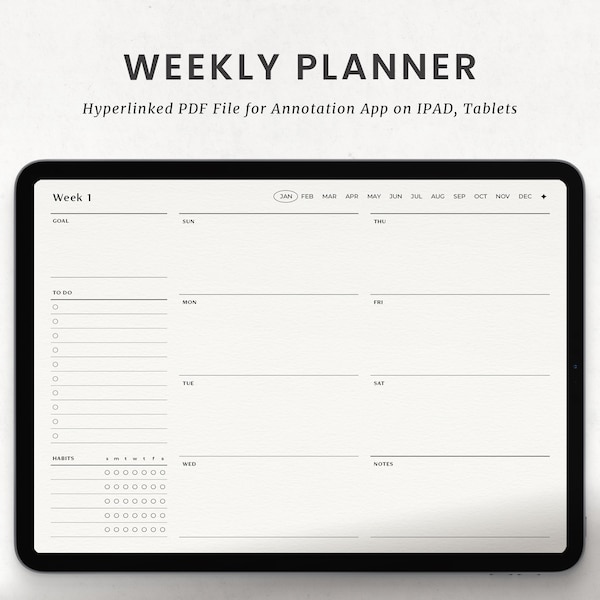 Undated Weekly Digital Planner, Goodnotes Weekly Overview Landscape Planner for Goodnotes on Ipad, Adroid Planner PDF