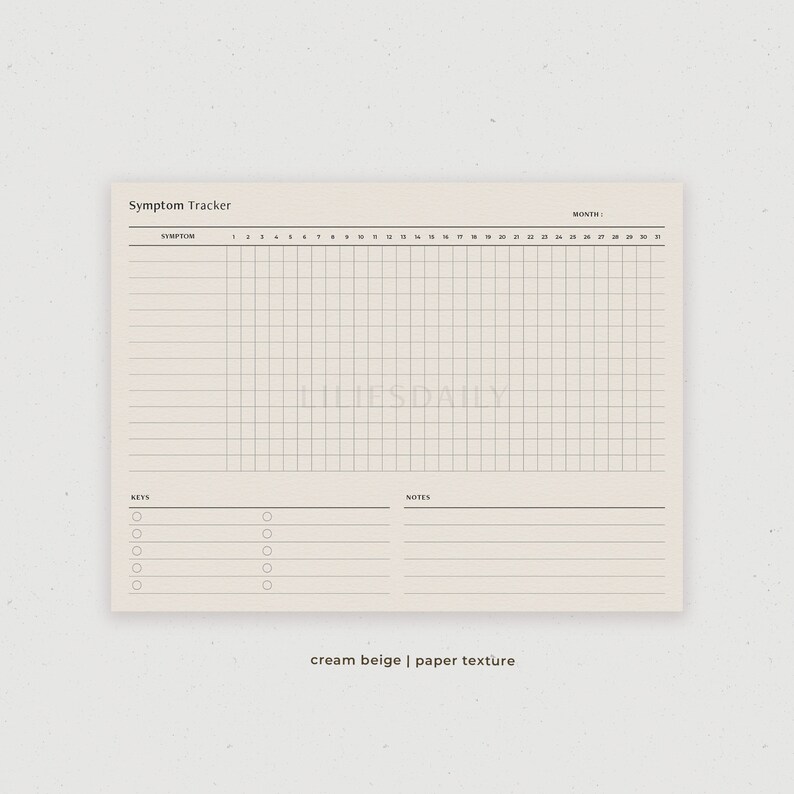 May include: A printable symptom tracker with a cream beige background and a paper texture. The tracker has a section for listing symptoms, a grid for tracking symptoms over a month, a section for keys, and a section for notes.