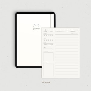 May include: A digital planner template for a daily journal. The template includes sections for weather, mood, water intake, sleep, affirmations, and gratitude. The template is designed for use on a tablet or laptop.