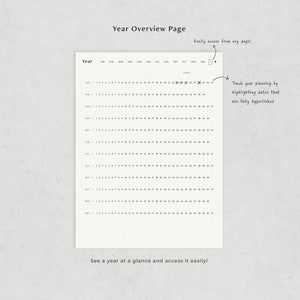 May include: A black and white printable year overview page with a calendar layout. The page includes a title "Year Overview Page" and the text "Easily access from any page!" and "See a year at a glance and access it easily!" The page is designed to track planning by highlighting dates that are fully hyperlinked.