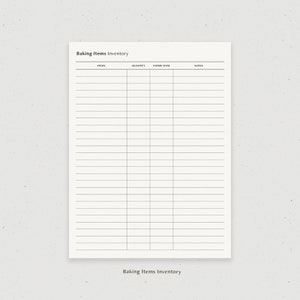 May include: A printable baking inventory list with columns for items, quantity, expiry date, and notes.