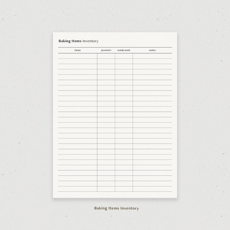 May include: A printable baking inventory list with columns for items, quantity, expiry date, and notes.