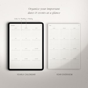 May include: A black and white printable planner with a yearly calendar and a year overview. The planner is designed to help you organize important dates and events at a glance.