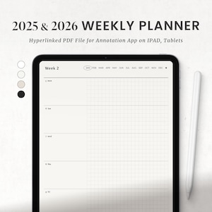 2025 2026 Einfacher Wochenplaner, Digital Minimal Weekly Monthly Planer für Goodnotes iPad, Notability