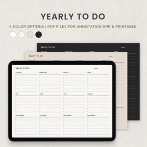 May include: A digital planner template for a yearly to-do list. The template is divided into 12 months, with each month having a section for tasks. The template is available in four color options.