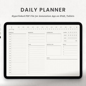 Peut inclure: Un planificateur quotidien numérique sur l'écran d'une tablette. Le planificateur comprend des sections pour l'horaire, les priorités, les affirmations, les tâches, la gratitude, les repas et les notes. La date est le 1er janvier.
