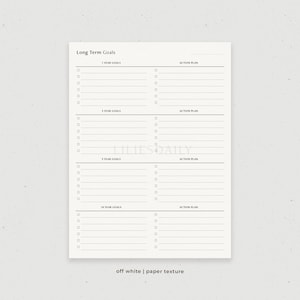 May include: A printable planner page with a black and white design. The page is divided into four sections, each with a heading: "1 Year Goals", "3 Year Goals", "5 Year Goals", and "10 Year Goals". Each section has a column for goals and a column for action plans.