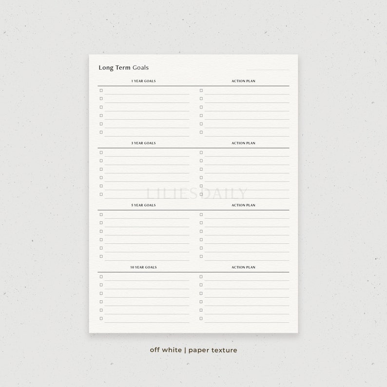 May include: A printable planner page with a black and white design. The page is divided into four sections, each with a heading: "1 Year Goals", "3 Year Goals", "5 Year Goals", and "10 Year Goals". Each section has a column for goals and a column for action plans.