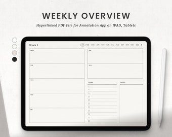 Undated Weekly Overview Digital Planner for Goodnotes on Ipad, Weekly To Do List Planner, White Beige Dark Landscape Planner PDF