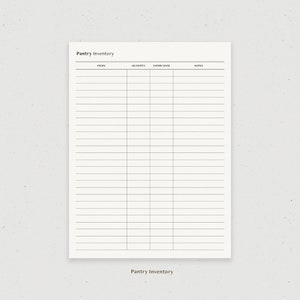 May include: A printable pantry inventory list with columns for items, quantity, expiry date, and notes.