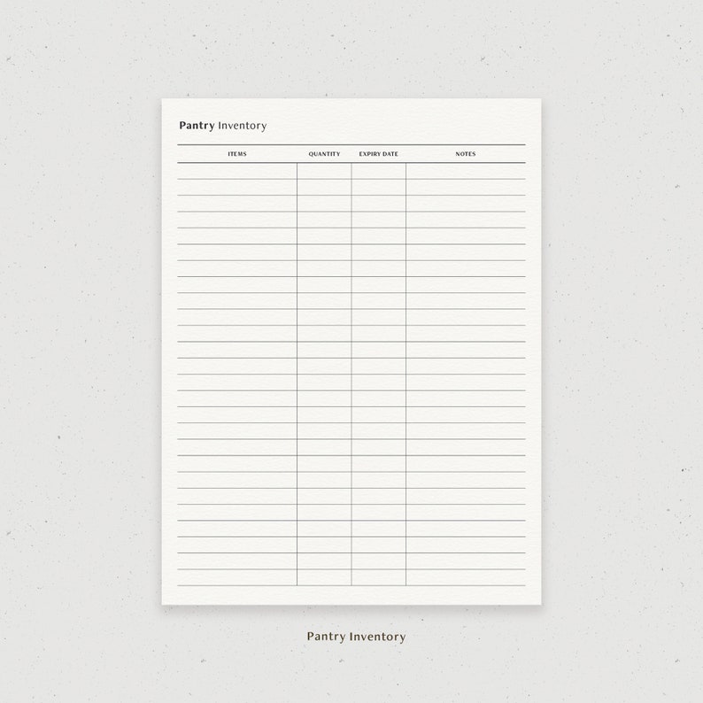 May include: A printable pantry inventory list with columns for items, quantity, expiry date, and notes.