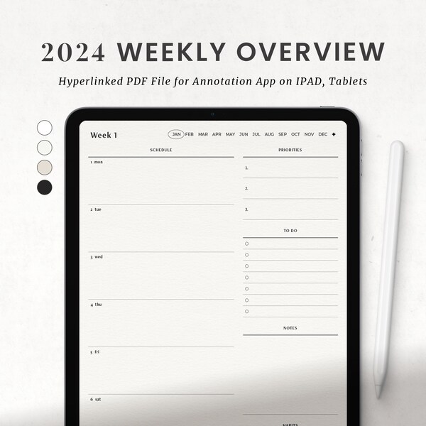 Digitale weekplanner 2024, Goodnotes wekelijkse schemaplanner, Ipad wekelijkse maandelijkse planner, minimalistisch weekoverzicht