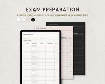 May include: A printable exam preparation planner with four color options. The planner includes sections for exam date, goal grade, motivation, study hours, key points, and problem areas.