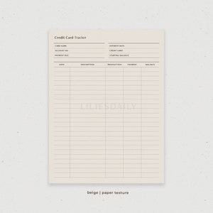 May include: A printable credit card tracker with sections for card name, account number, payment due date, interest rate, credit limit, starting balance, date, description, transaction, payment, and balance. The tracker is on a beige background with a paper texture.