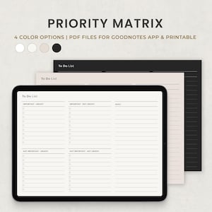 May include: A digital planner displayed on a tablet, featuring a "To Do List" layout with sections for urgent and not urgent tasks. The image includes the text "PRIORITY MATRIX" and "4 COLOR OPTIONS | PDF FILES FOR GOODNOTES APP & PRINTABLE". Additional planner pages in black and beige are visible.